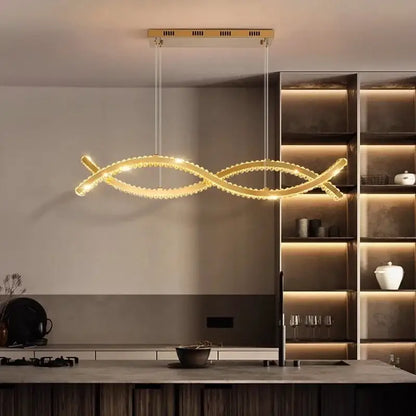 Golden DecorBites crystal chandelier pendant light with sleek intertwined design and embedded crystal accents for living room