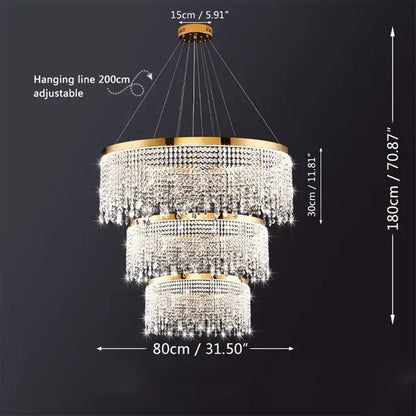 Decorbites crystal chandelier pendant light with three-tiered gold-toned metal frame and hanging chains for living room luxury lamps