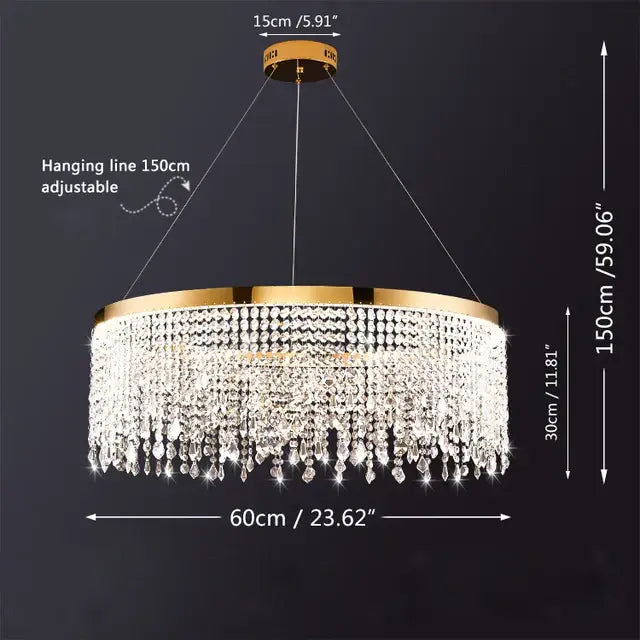 Gold-toned DecorBites crystal chandelier pendant light with cascading clear crystal beads for living and dining rooms