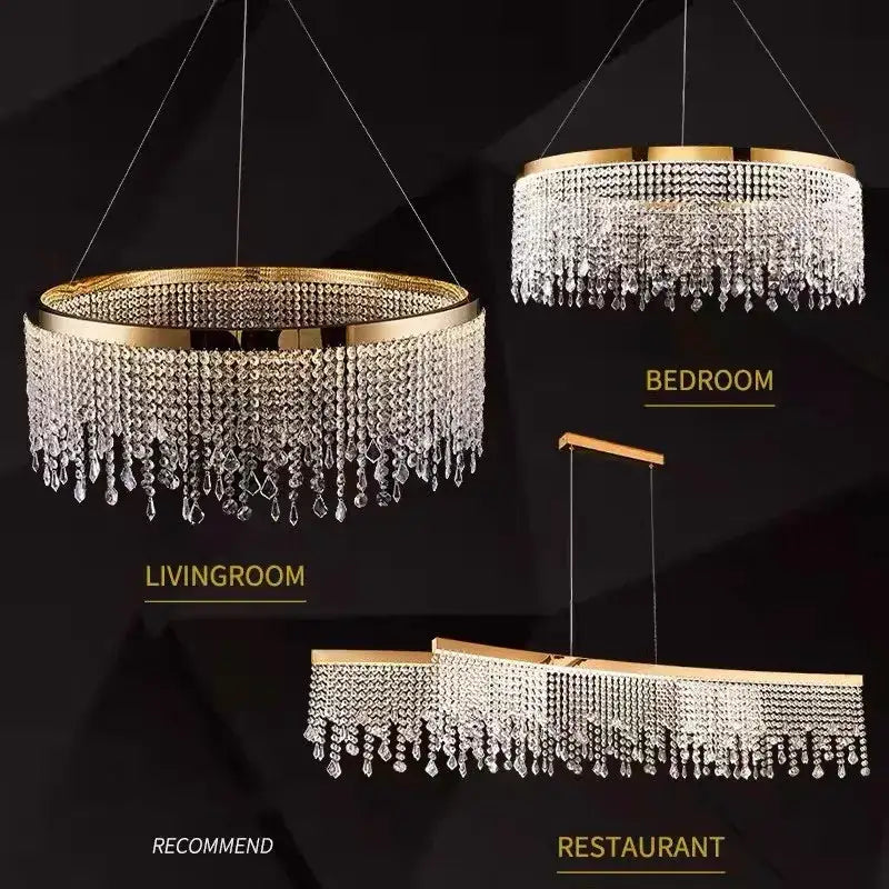 Gold-framed decorbites crystal chandelier pendant light with cascading clear crystal droplets in circular and rectangular designs