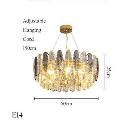 Decorbites crystal chandelier pendant light with gold mount and cascading clear and dark gray glass for living room