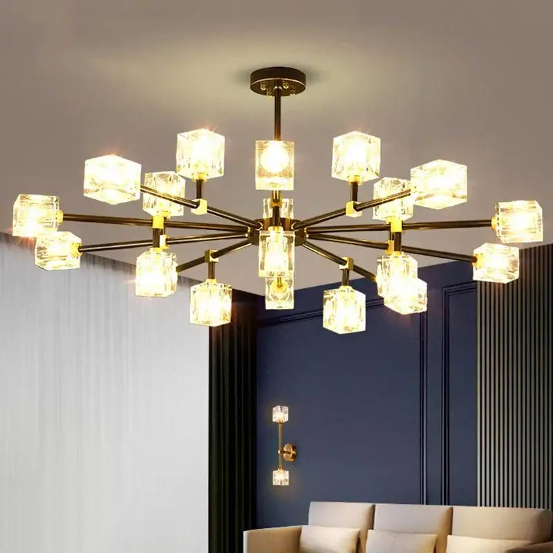 Modern decorbites crystal chandelier pendant light with brass finish and clear crystal cube shades for indoor use
