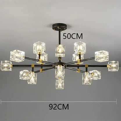 DecorBites crystal chandelier pendant light with black metal arms gold accents and clear crystal cube shades for indoor use