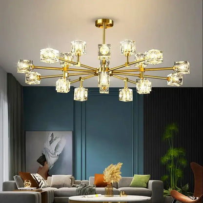 Gold-toned decorbites crystal chandelier pendant light with clear cube-shaped crystals for luxury indoor lighting