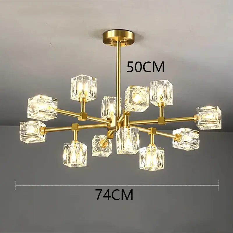 Gold-toned DecorBites crystal chandelier pendant light with clear faceted crystal cubes for luxury indoor lighting
