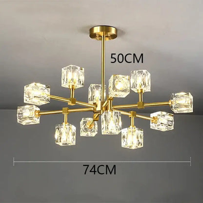 Gold-toned DecorBites crystal chandelier pendant light with clear faceted crystal cubes for luxury indoor lighting