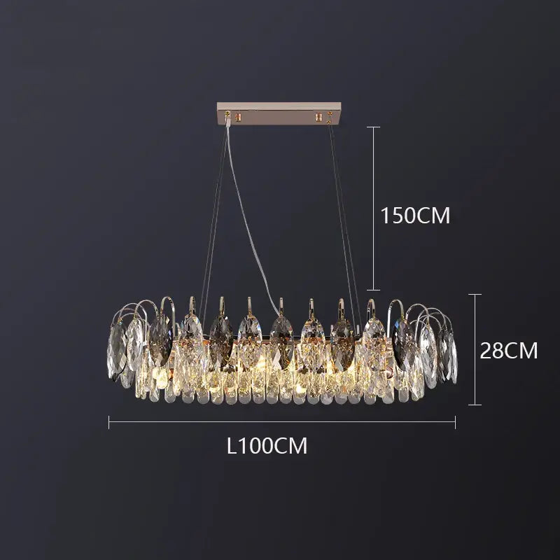 A modern decorbites crystal chandelier pendant light with gold metal frame and clear dark crystal teardrop accents for indoor use