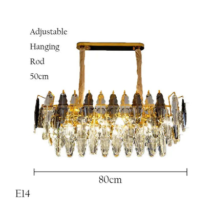 Gold-toned decorbites crystal chandelier pendant light with cascading crystal droplets and adjustable hanging rod for living room