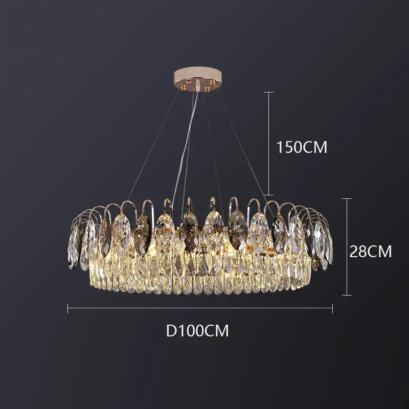 Decorbites crystal chandelier pendant light with gold-toned frame and teardrop crystals 150cm diameter for indoor use