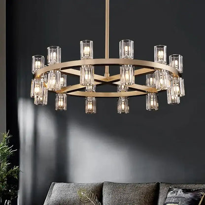 Gold-toned decorbites crystal chandelier pendant light with clear glass candle bulbs for living room ceiling lighting