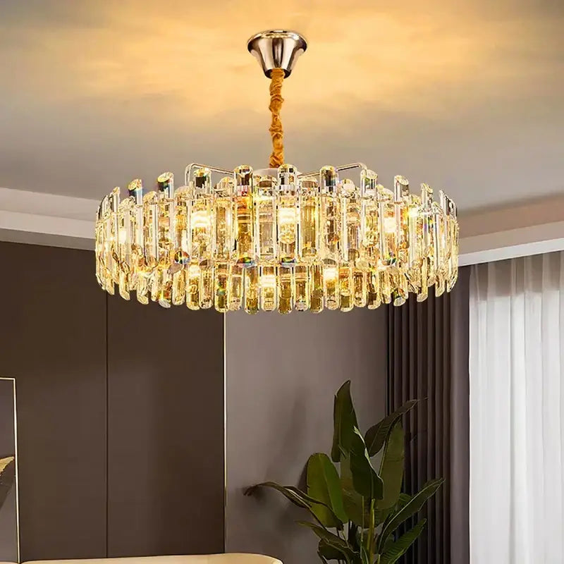 DecorBites™ crystal chandelier pendant light with clear faceted rods and warm illumination for living and dining rooms