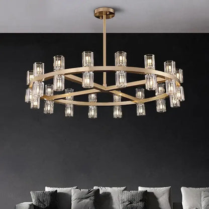 Gold-toned decorbites crystal chandelier pendant light with clear glass candle bulbs in geometric frame for living room lighting