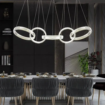 Modern crystal-encrusted DecorBites crystal chandelier pendant light with interlocking circles for living room ceiling lighting