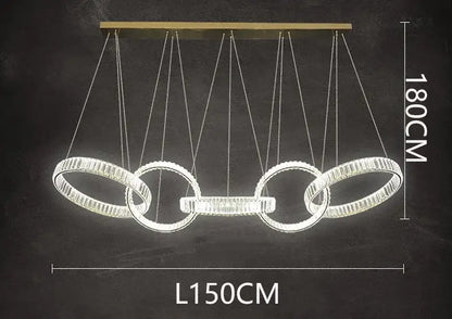 Modern DecorBites crystal chandelier pendant light with four gold-toned rings encrusted in clear faceted crystals