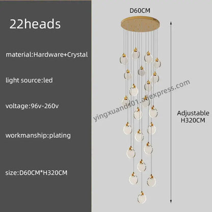 Elegant gold-plated DecorBites crystal chandelier pendant light with 22 crystal droplets for luxury staircase decor