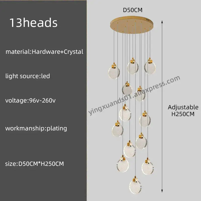 Decorbites crystal chandelier pendant light with 13 clear crystal spheres and gold-toned base for luxury staircase