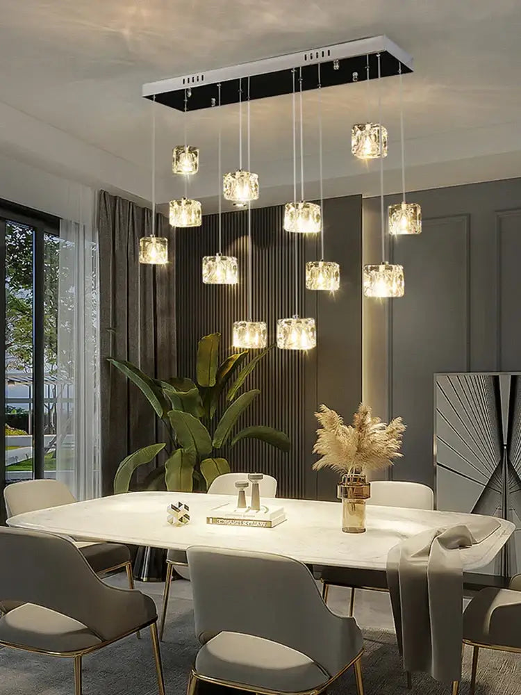 Modern rectangular decorbites crystal chandelier pendant light with black silver frame and warm crystal pendants for indoor use