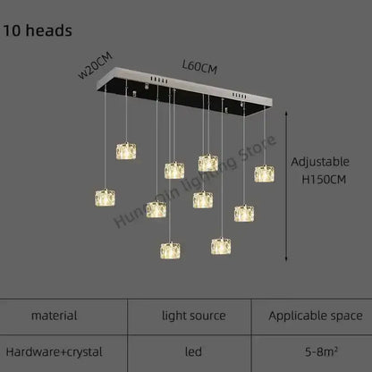 Modern rectangular decorbites crystal chandelier pendant light with ten hanging crystal cubes and sleek chrome frame for indoor use