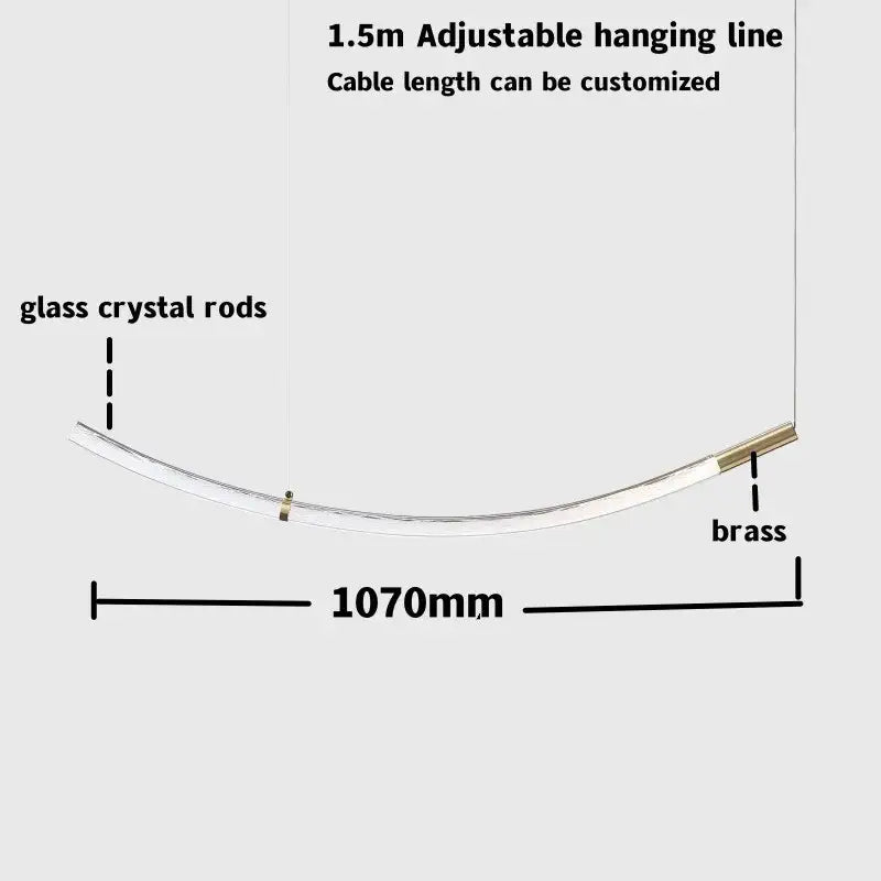 Decorbites crystal chandelier pendant light with 1070mm curved glass crystal rod brass ends and adjustable 1.5m cable