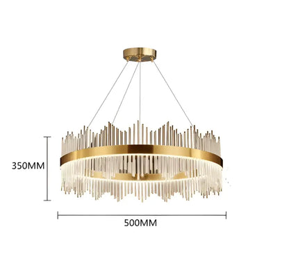Gold-toned DecorBites crystal chandelier pendant light with circular frame and cascading crystal rods for luxury decor