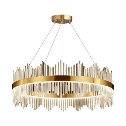 Gold-toned decorbites crystal chandelier pendant light with clear glass rods and circular frame for modern luxury decor