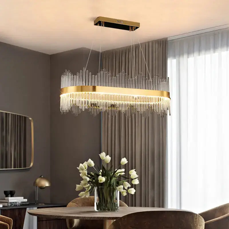 Gold-toned decorbites crystal chandelier pendant light with clear glass tubes modern luxury for dining room and bedroom