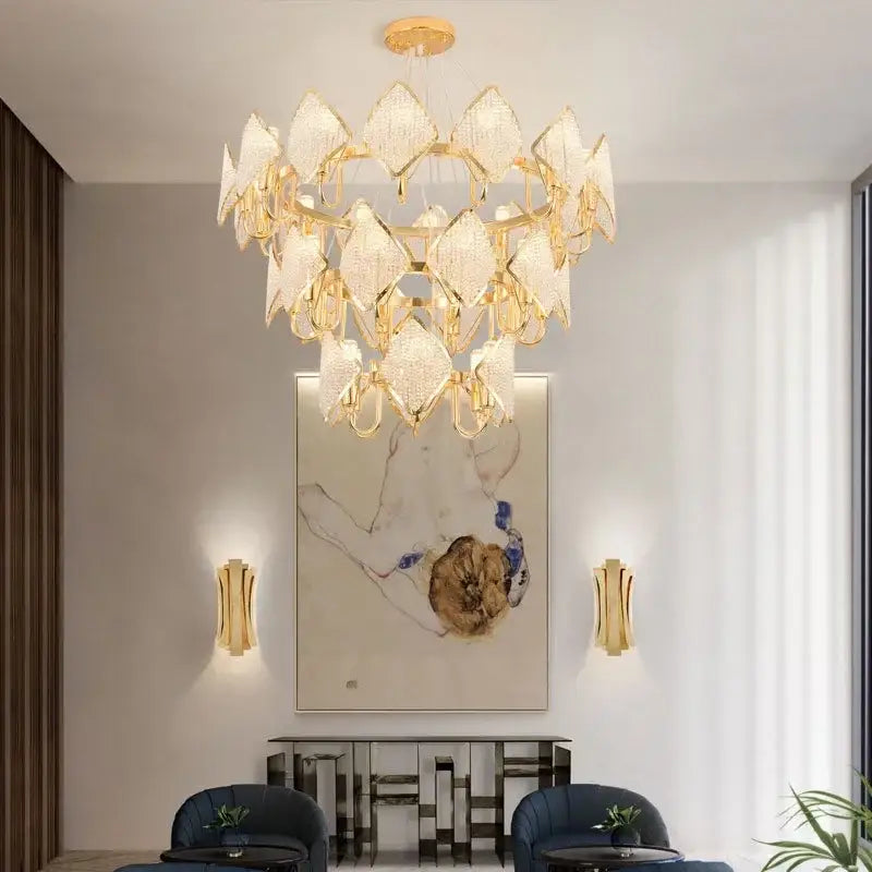 Gold-toned decorbites crystal chandelier pendant light with diamond textured glass panels for modern living room décor