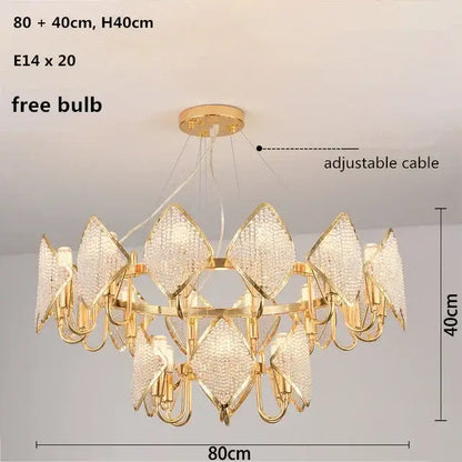 Gold-toned decorbites crystal chandelier pendant light with diamond-shaped crystal pendants and adjustable cable for living room decor