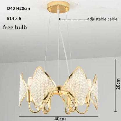 Gold-toned DecorBites crystal chandelier pendant light with six crystal-encrusted diamond arms and adjustable cable for living room décor