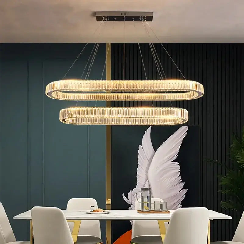 Modern double-ring decorbites crystal chandelier pendant lights with gold-toned crystal accents and dimmable led oval lustre design