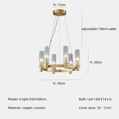Gold-toned decorbites crystal chandelier pendant with six clear crystal glass shades and copper frame for living room lighting
