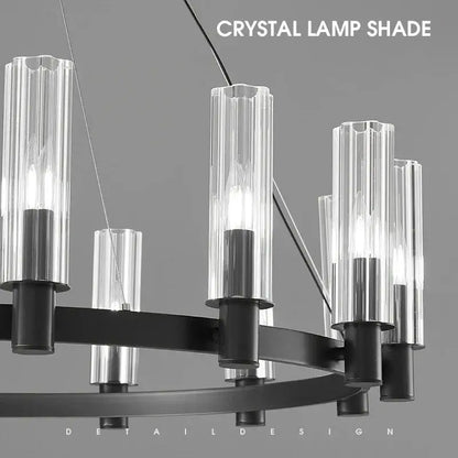 Decorbites crystal chandelier pendant lights with clear faceted crystal shades and black metal frames for living room