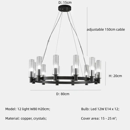 Black copper DecorBites crystal chandelier with twelve clear crystal glass shades pendant lights for living room