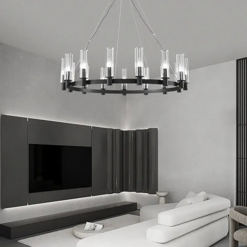 Modern black metal decorbites crystal chandelier pendant lights with clear glass cylinders and exposed bulbs for living room