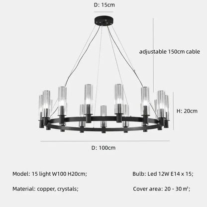 Black copper DecorBites crystal chandelier pendant lights with 15 clear crystal candle-style lights for living room