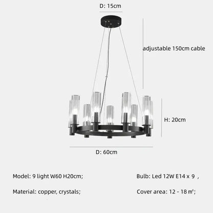 Black copper decorbites crystal chandelier pendant with nine clear crystal glass candle-style shades for living room lighting