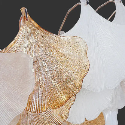 DecorBites crystal chandelier shell lamp with golden and white glass and intricate leaf designs for luxury Nordic decor