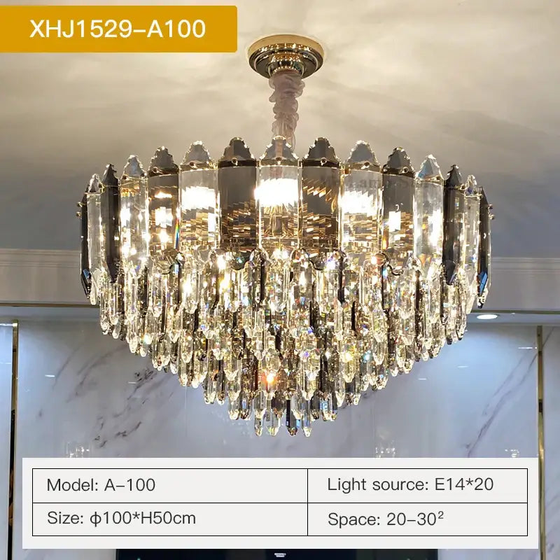 Luxurious decorbites crystal chandelier with gold-toned metal frame and cascading clear and dark-tinted glass prisms