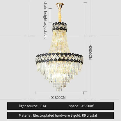 DecorBites crystal chandelier with gold-toned chain, clear k9 crystal tiers, and black diamond accents for spiral staircase