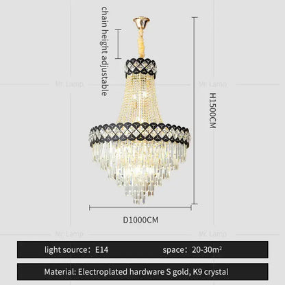Elegant decorbites crystal chandelier with gold electroplated frame and k9 crystal prisms for spiral staircase lighting