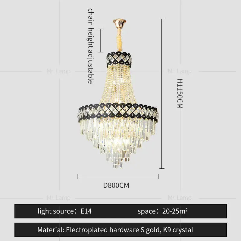 Elegant decorbites crystal chandelier with gold electroplated hardware and k9 crystal accents for spiral staircase lighting