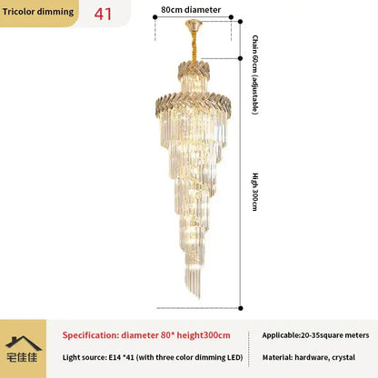 A decorbites crystal chandelier with gold-toned metal, cascading crystal tiers, and tricolor dimming led lights for luxury lighting