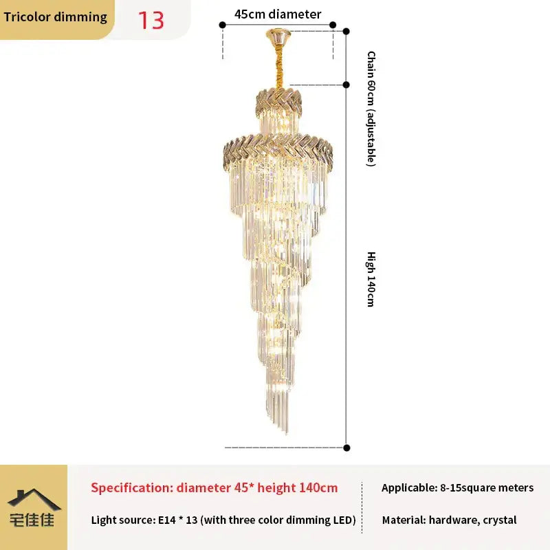 A luxurious gold-toned decorbites crystal chandelier with cascading crystal tiers and tricolor dimming led light source