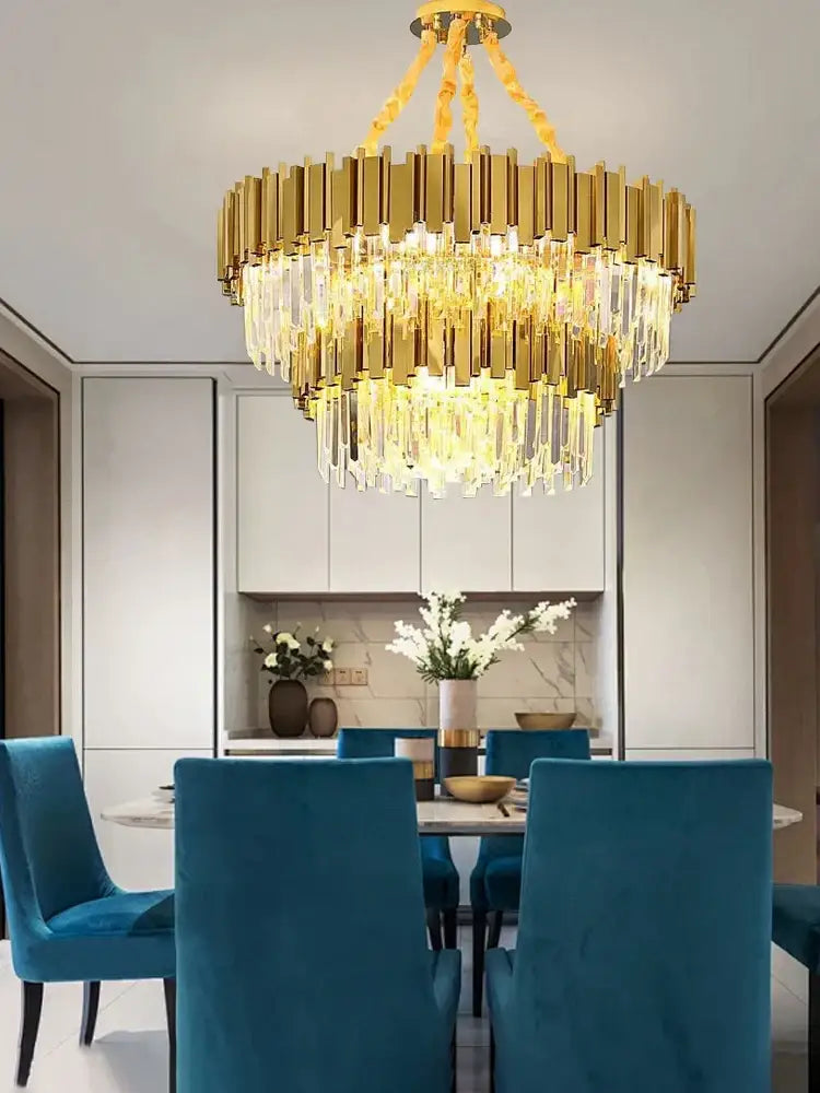 Golden decorbites crystal chandelier with cascading k9 crystal prisms and modern tiered stainless steel design
