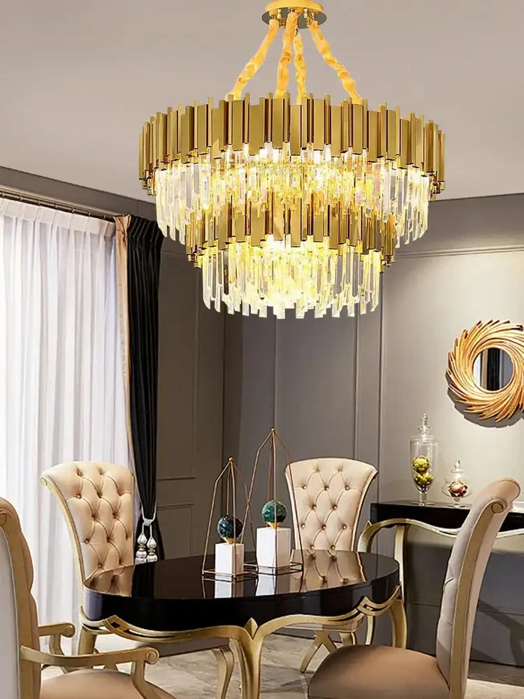 Golden decorbites crystal chandelier with cascading k9 cristal prisms and modern tiered stainless steel design