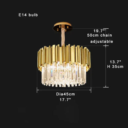 Gold-toned decorbites crystal chandelier with vertical K9 crystal prisms and 50cm adjustable stainless steel chain suspension lamp