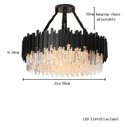 Black and clear decorbites crystal chandelier with stainless steel geometric design and cascading glass prisms