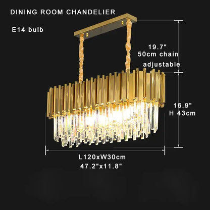 Gold-finished decorbites crystal chandelier with cascading K9 crystal prisms and adjustable stainless steel chain suspension