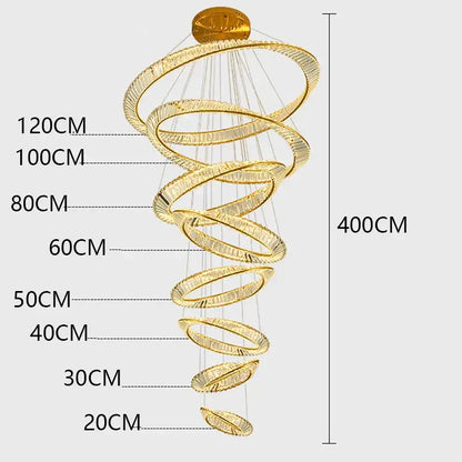 Golden spiral decorbites crystal chandelier with multiple concentric rings and embedded led lights for stair and living room