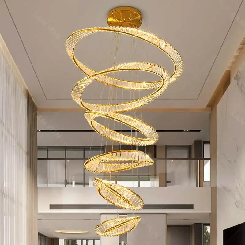 Golden spiral decorbites crystal chandelier with crystal accents designed as pendant light for stair and living room lighting